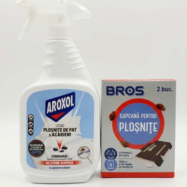 Pachet Anti- Plosnițe 2 in 1-insecticid  de contact Aroxol Lichid pt.ploșnițe de pat și acarieni (300 m)capcane adezive pentru ploșnițe de pat marca Bros (set de 2 bucăți).