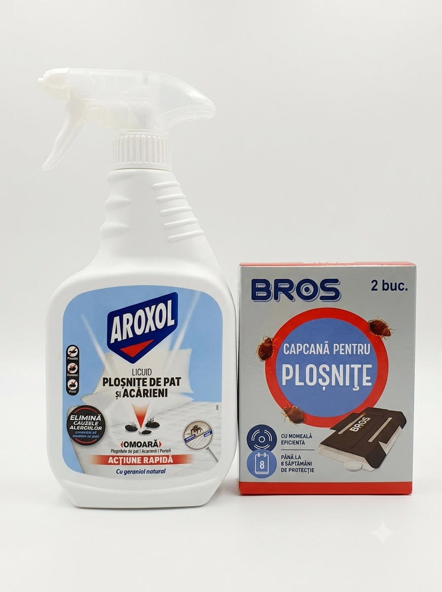 Pachet Anti- Plosnițe 2 in 1-insecticid de contact Aroxol Lichid pt.ploșnițe de pat și acarieni (300 m)capcane adezive pentru ploșnițe de pat marca Bros (set de 2 bucăți).