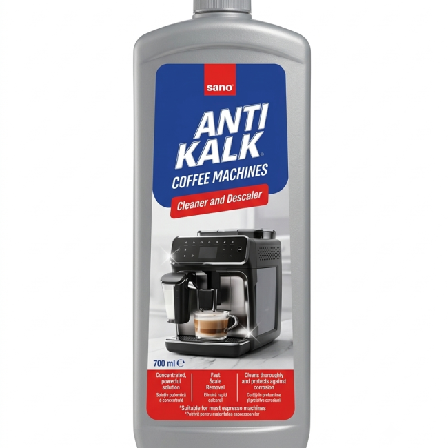 Sano Anti Kalk Coffee Machines, 700ml, o soluție lichidă concentrată destinată curățării și decalcifierii aparatelor de cafea și espressoarelor.