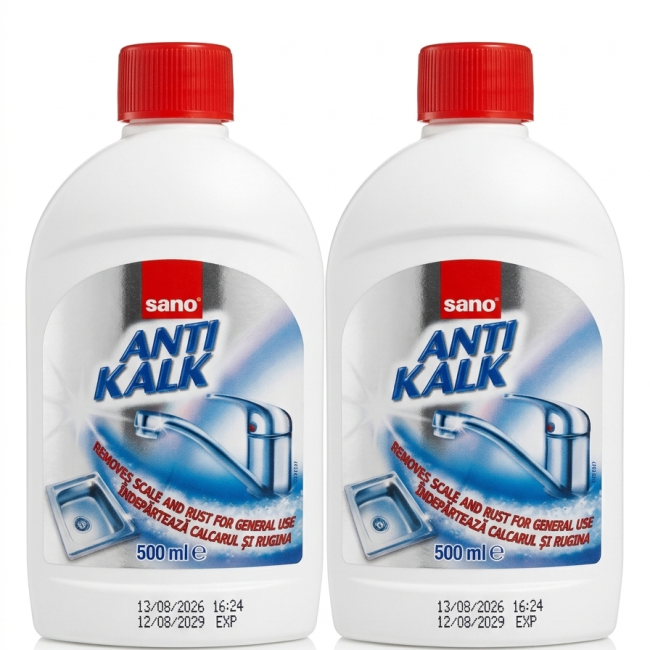 2 Buc: Sano Anti Kalk, detergent lichid concentrat pentru îndepărtarea calcarului și a ruginii de pe suprafețele din baie/ bucătărie.