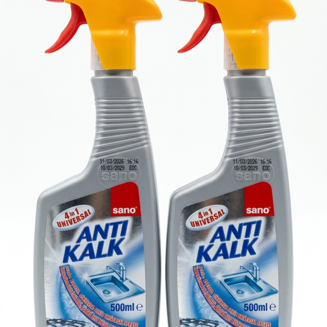 Pachet 2x500ml Sano Anti Kalk 4 în 1 Universal în varianta cu pulverizator (spray) de 500 ml.