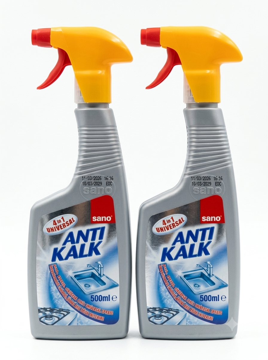 Pachet 2x500ml Sano Anti Kalk 4 în 1 Universal în varianta cu pulverizator (spray) de 500 ml.