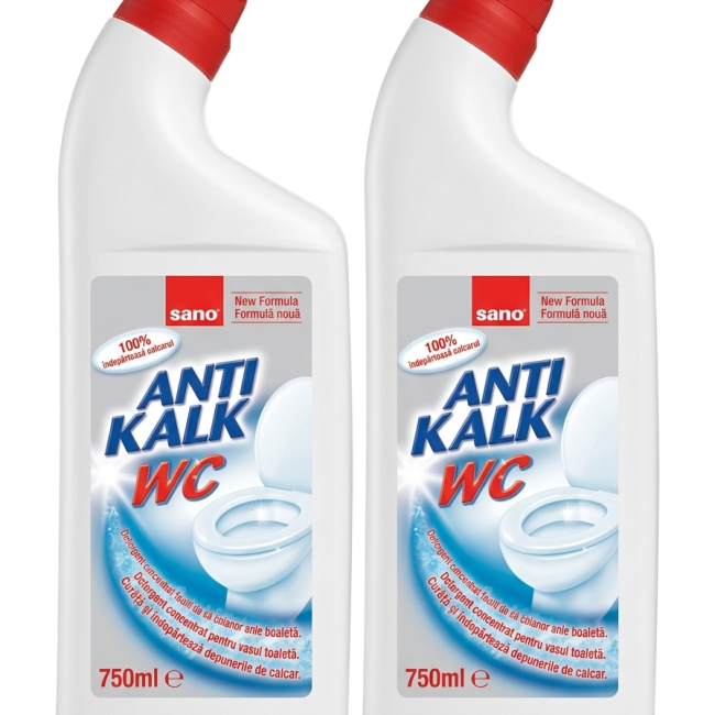 Set 2x Sano Anti Kalk WC (750 ml) este un detergent lichid concentrat special conceput pentru curățarea și igienizarea vasului de toaletă.