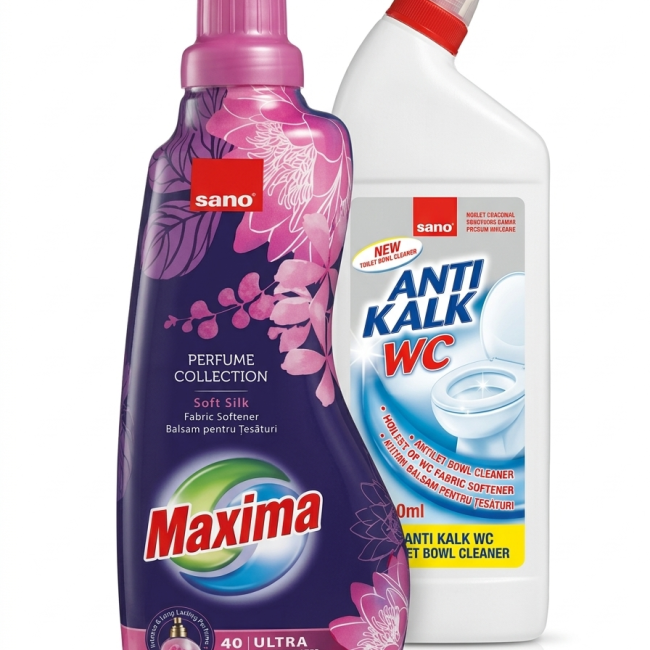 Sano Maxima Perfume Collection (Soft Silk) 1L si Sano Anti Kalk WC 750ml
​Detergent lichid pentru igienizarea toaletei.