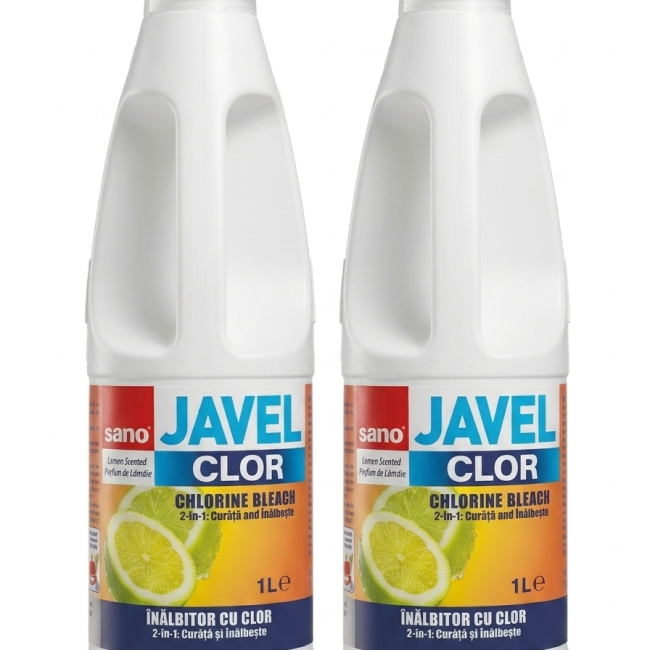 Două flacoane de Sano Javel Clor cu miros de Lamaie, un înălbitor cu clor lichid concentrat