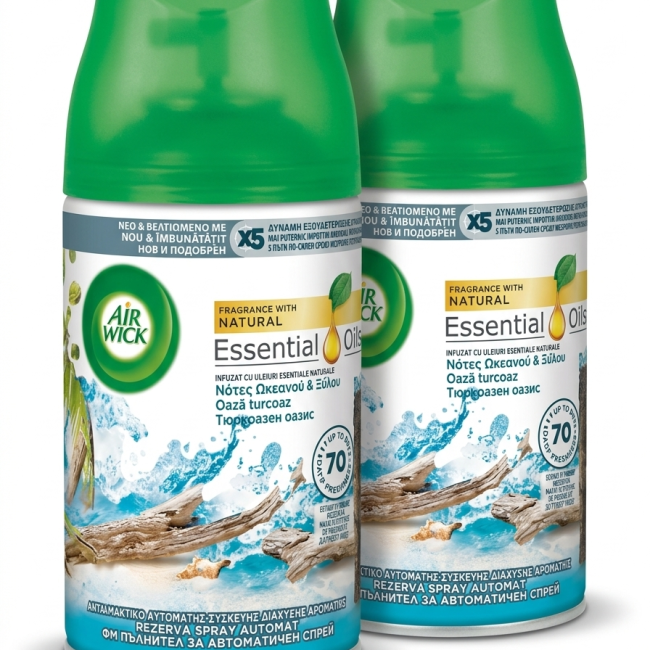 2 Bucati rezervă de odorizant/spray automat de cameră Air Wick, varianta „Oază turcoaz” (Turquoise Oasis), oferă 70 de ore de difuzare.