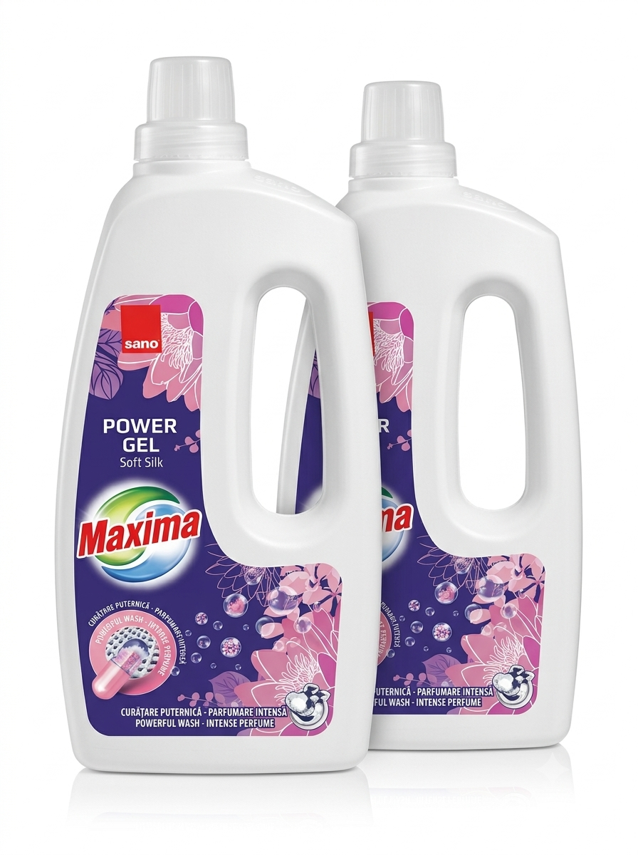 2 Bucati Sano Maxima Power Gel 1L- 29 Spalari (varianta Soft Silk), un detergent lichid concentrat sub formă de gel destinat spălării hainelor.