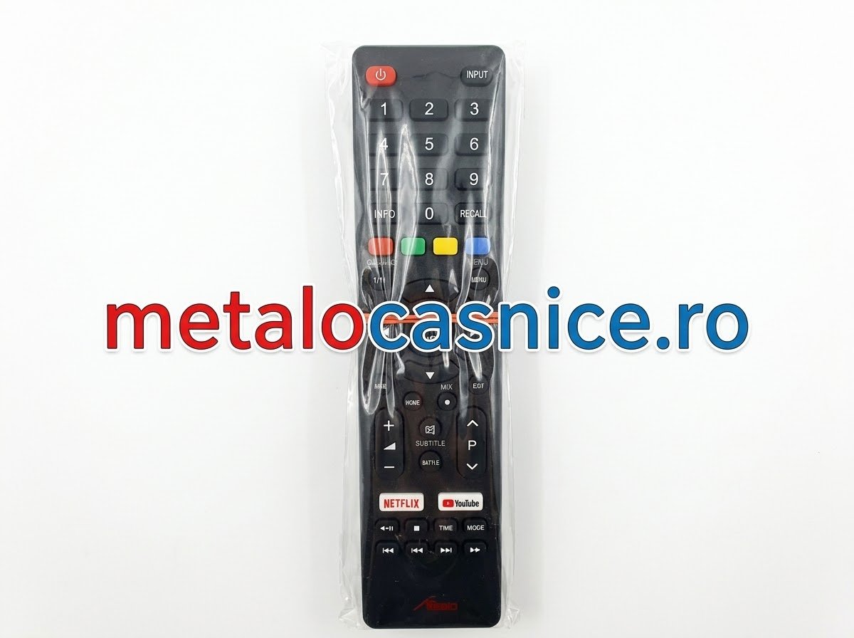 Telecomandă Smart TV compatibilă cu modelele NEI, Vortex, Schneider și Akai (precum NEI 32NE4700 sau Vortex V40R5162S), recunoscută după butoanele dedicate pentru Netflix și YouTube