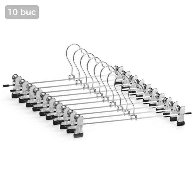 Set 10 umerase cu clips, Metal, 29 x 12 cm, pentru fuste, Argintiu, pantaloni