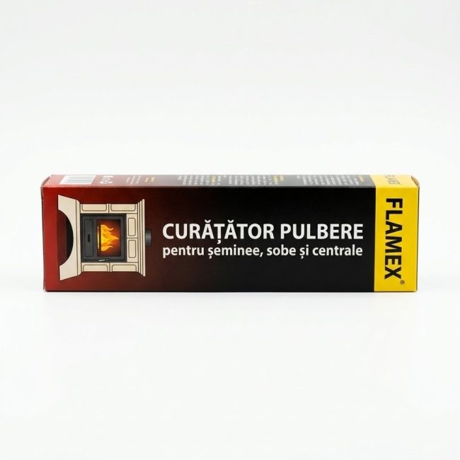 Curățător șeminee, sobe și centrale pe lemne, brichete sau cărbunechimic sub formă de pulbere, destinat întreținerii sistemelor de încălzire care funcționează cu combustibil solid