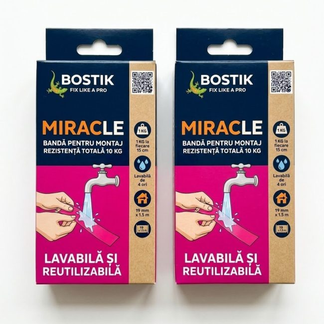 2 role de bandă dublu adeziva pentru montaj / bandă adezivă transparentă marca Bostik Miracle (Fix Like A Pro).