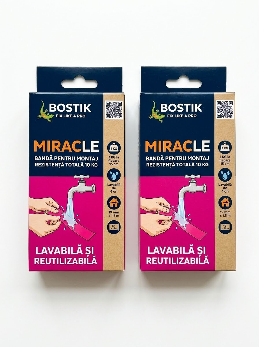 2 role de bandă dublu adeziva pentru montaj / bandă adezivă transparentă marca Bostik Miracle (Fix Like A Pro).