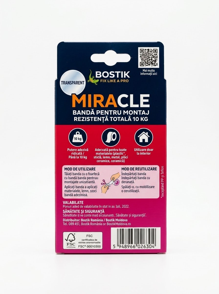2 role de bandă dublu adeziva pentru montaj / bandă adezivă transparentă marca Bostik Miracle (Fix Like A Pro). - Image 2